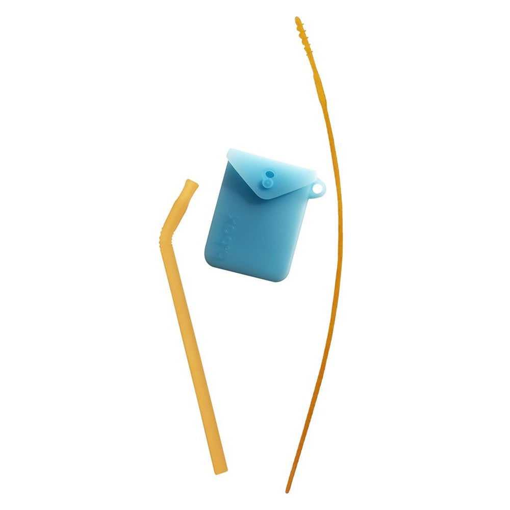 B.BOX silicone straw travel pack featuring a blue silicone case and two yellow flexible straws