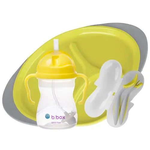 B.Box Sippy Cup & Cutlery Set & Plate Feeding Set: yellow-lid sippy cup with handles beside white utensils and a yellow plate