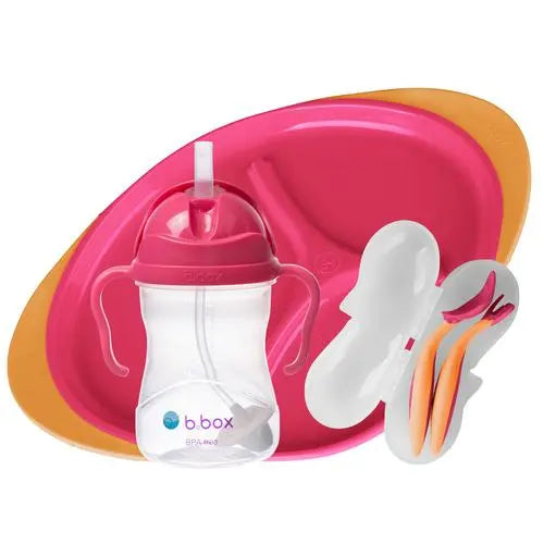 B.Box Sippy Cup & Cutlery Set & Plate Feeding Set for toddlers, pink cup, orange plate, white utensils laid out for mealtime.