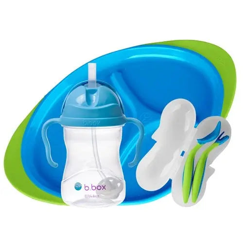B.Box Sippy Cup & Cutlery Set & Plate for toddlers; blue-lid cup with handles beside green plate and utensils