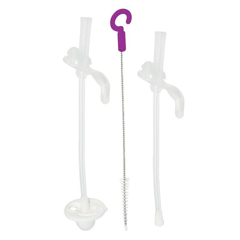B.BOX sippy cup replacement straws and cleaner set; two clear straws and a purple-handled cleaning brush