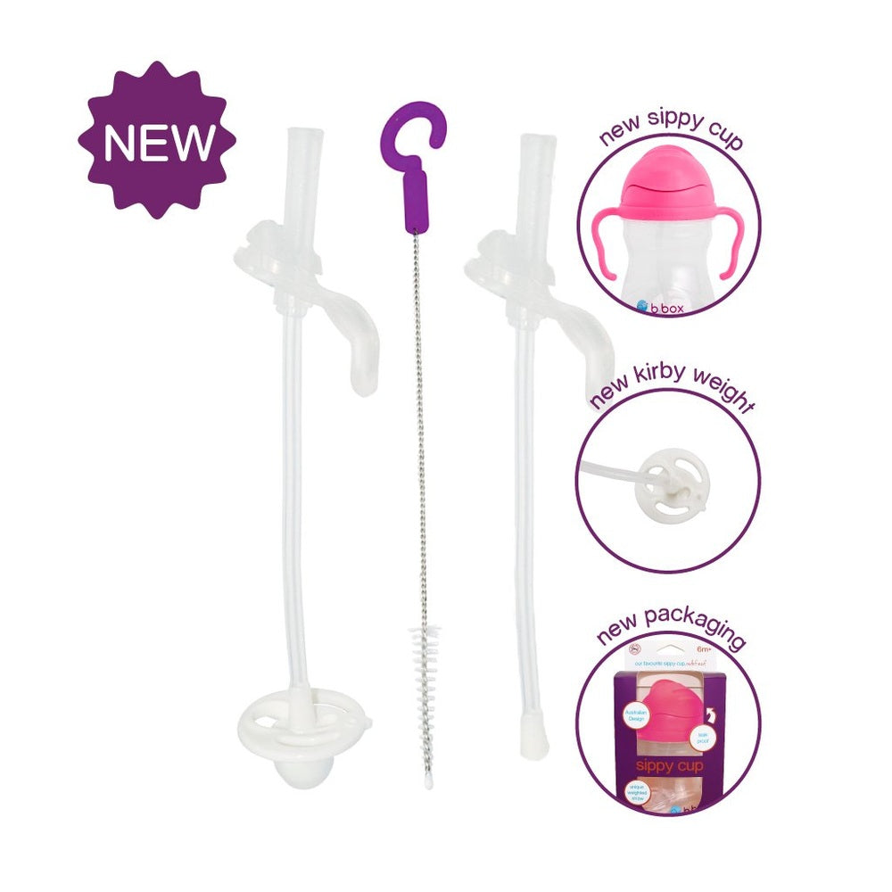 B.BOX sippy cup replacement straws and cleaner set with pink lid; includes straw brush