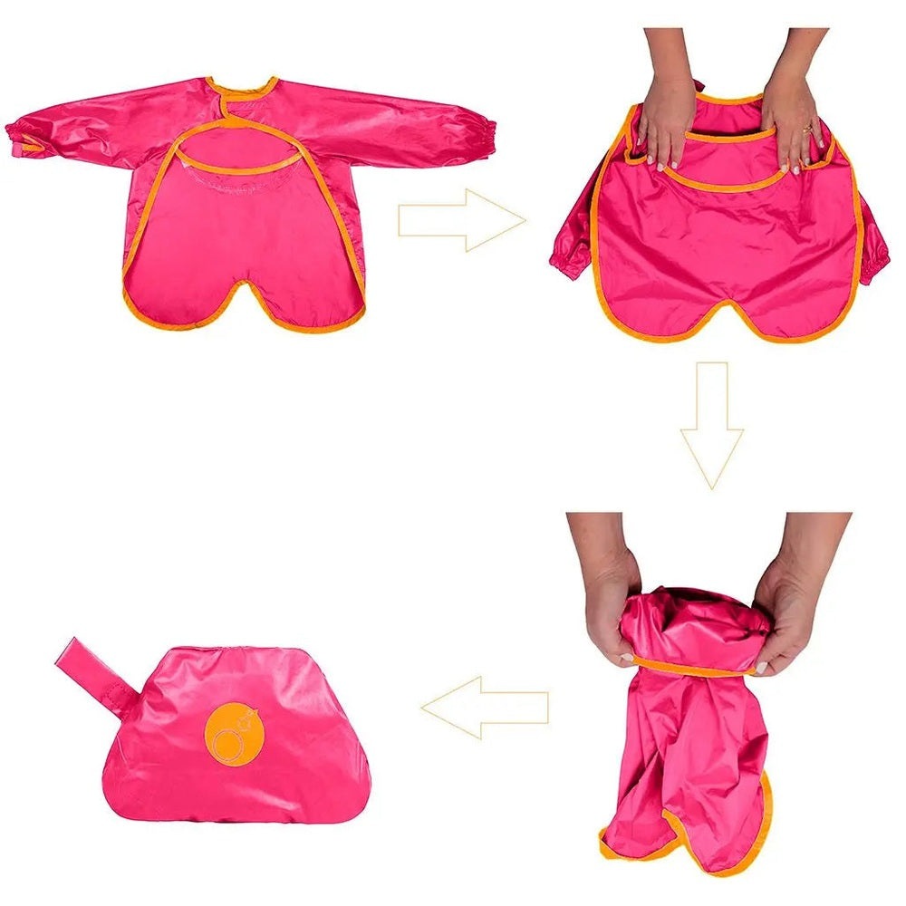 B.Box Smock Bib 6M-2Y in bright pink with yellow trim, shown folding into the matching storage pouch.