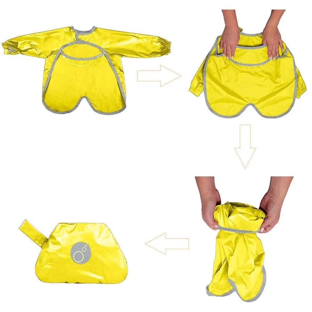 B.Box Smock Bib for 6M-2Yrs in bright yellow; waterproof sleeves and built-in catch pouch with folding demo.