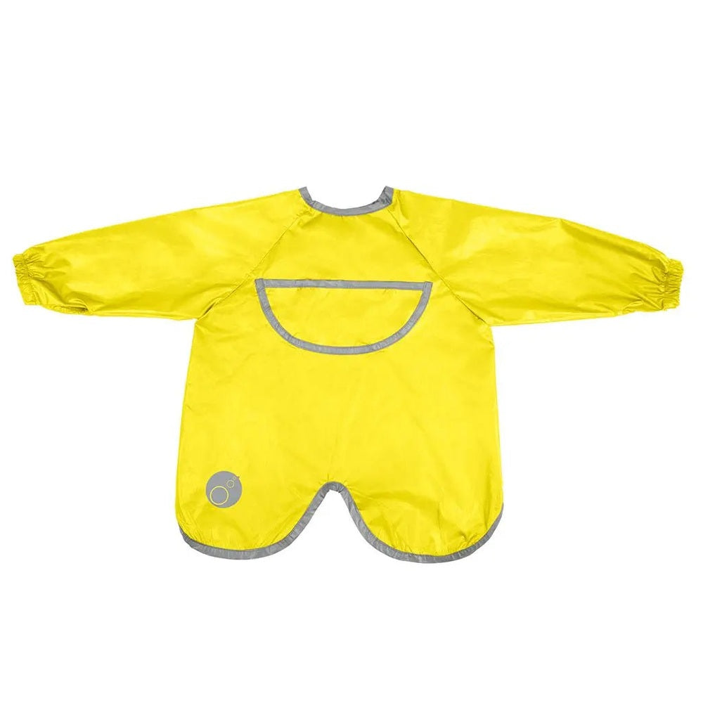 B.Box Smock Bib 6M-2Y in bright yellow waterproof fabric with grey trim, laid flat to show the front pocket.