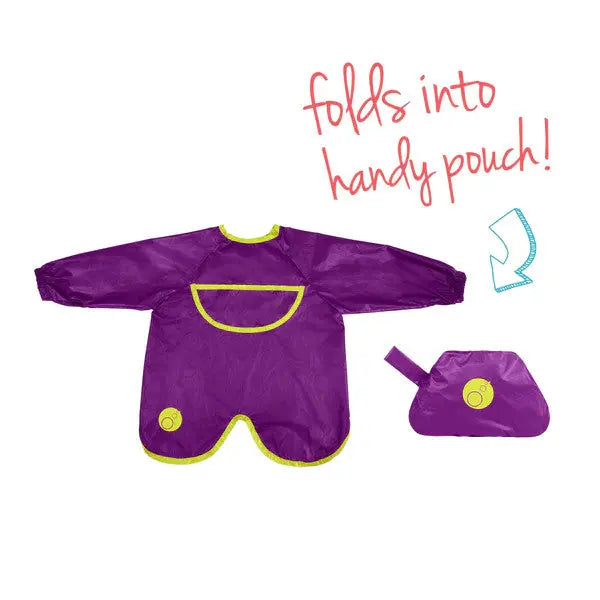 B.BOX Smock Bib 6M-2Y, purple with yellow trim and front pocket, folds into a handy pouch.