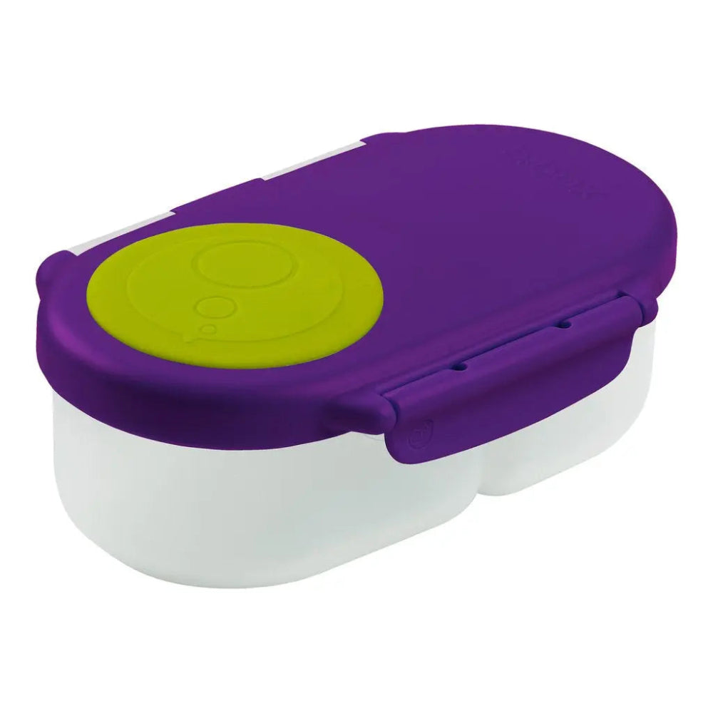 B.Box Snackbox with purple lid and lime green snap button securing twin white compartments.