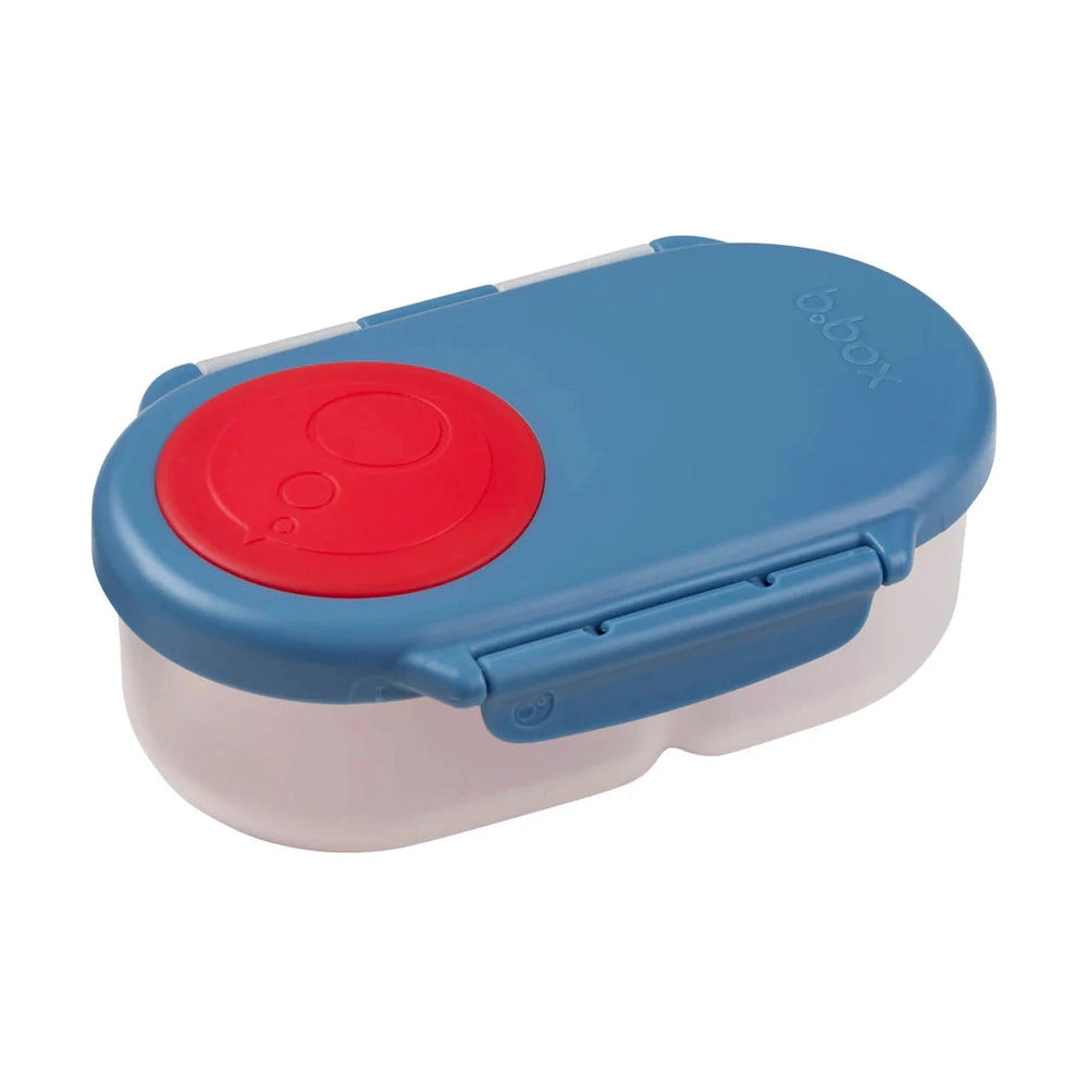 B.Box Snackbox blue lunch box with red circular lid latch shown securely closed.