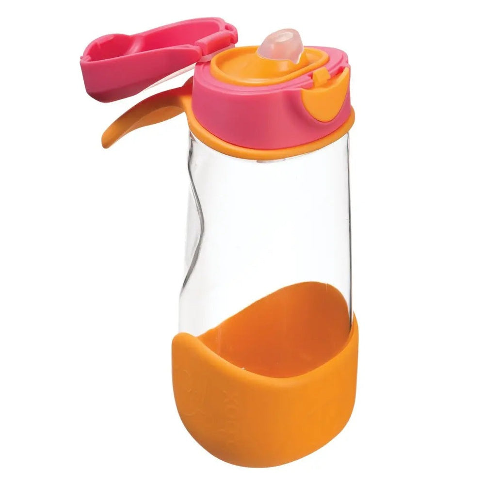 B.BOX Sports Spout Bottle pink lid, orange base, spill-proof spout in use.