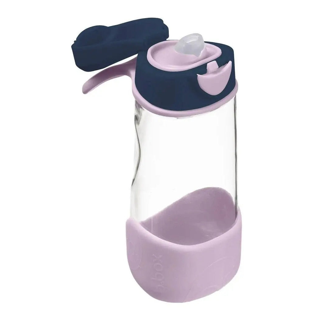 B.Box Sports Spout Bottle with pink base and navy cap, clear body, ready for easy sipping.