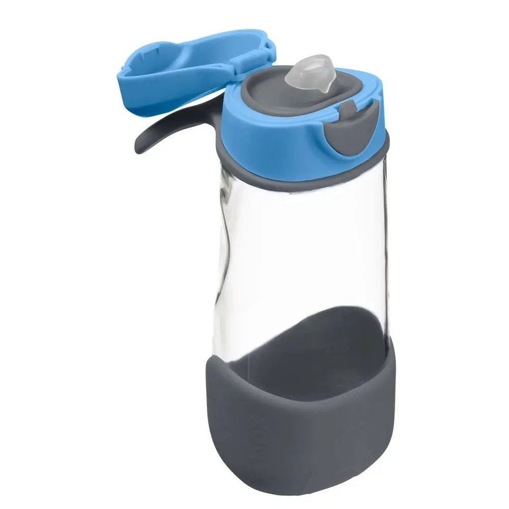 B.Box Sports Spout Bottle with blue flip-top lid and gray base, lid opened to reveal the spout.