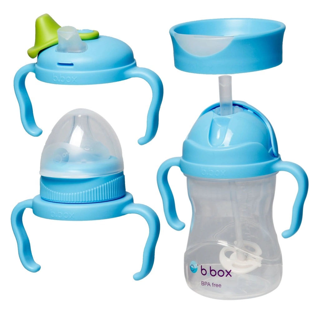B.Box Transition Value Pack featuring blue sippy cups with easy-grip handles and a straw cup in use.