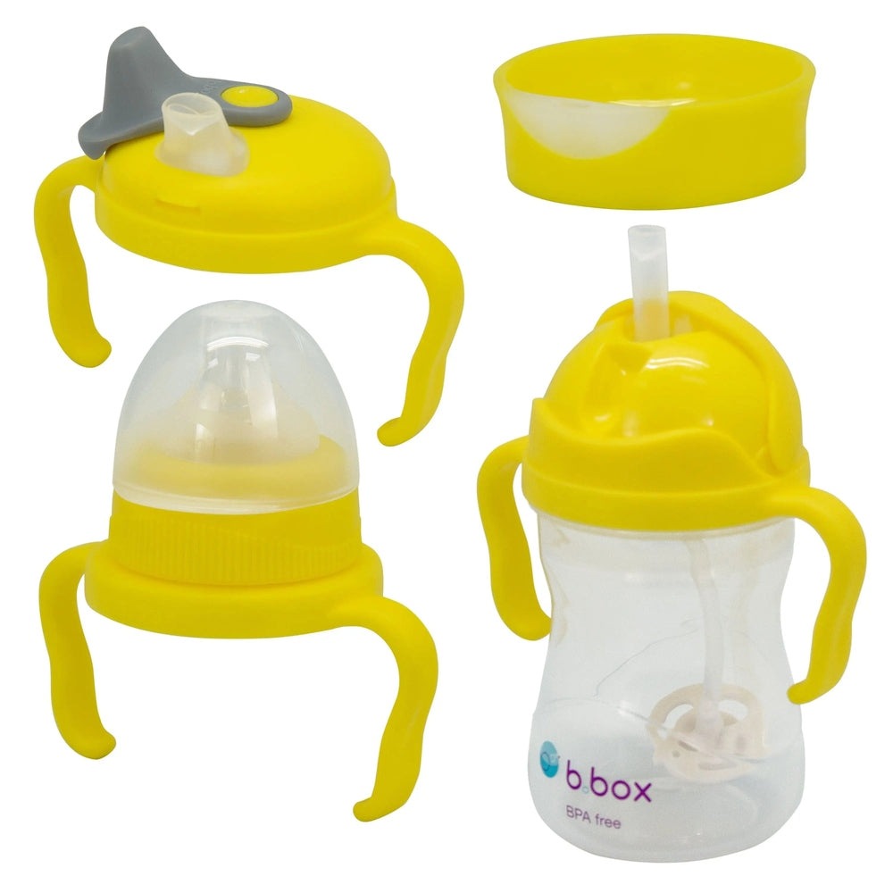 B.Box Transition Value Pack: yellow baby sippy cups with easy-grip handles and lids, shown as a 3-pack.