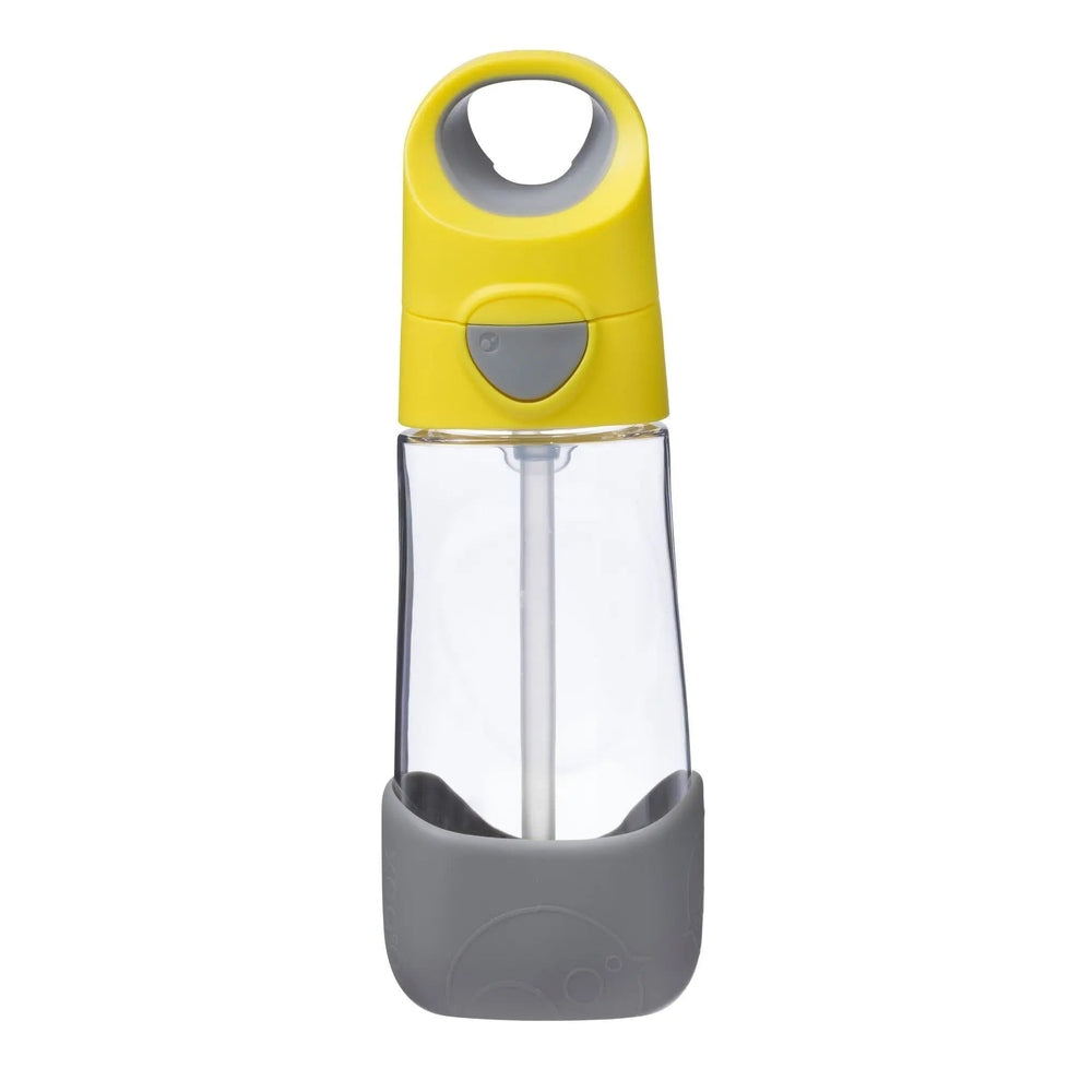 B.Box Tritan Drink Bottle with yellow flip-top lid and gray base, clear bottle showing built-in straw.