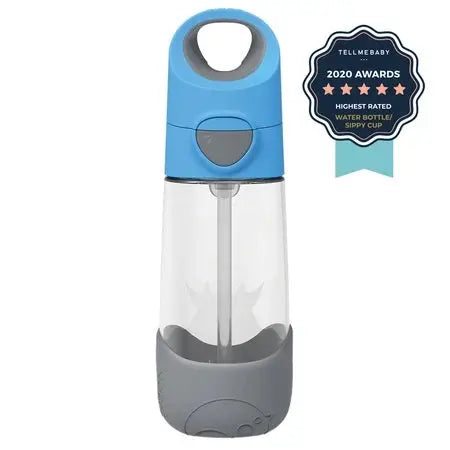 B.Box Tritan Drink Bottle with blue ergonomic cap and gray base; clear bottle shows built-in straw for sipping.