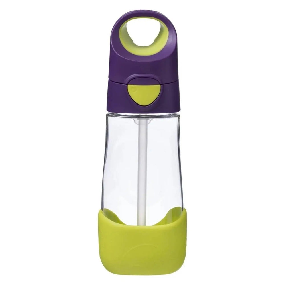B.Box Tritan Drink Bottle in purple and lime, clear bottle with built-in straw shown for sipping.