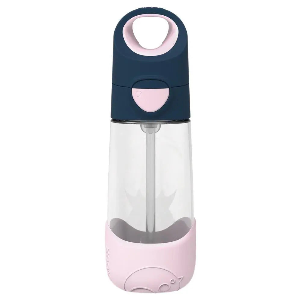 B.Box Tritan Drink Bottle for kids, pink and navy, with visible straw inside for easy sipping.