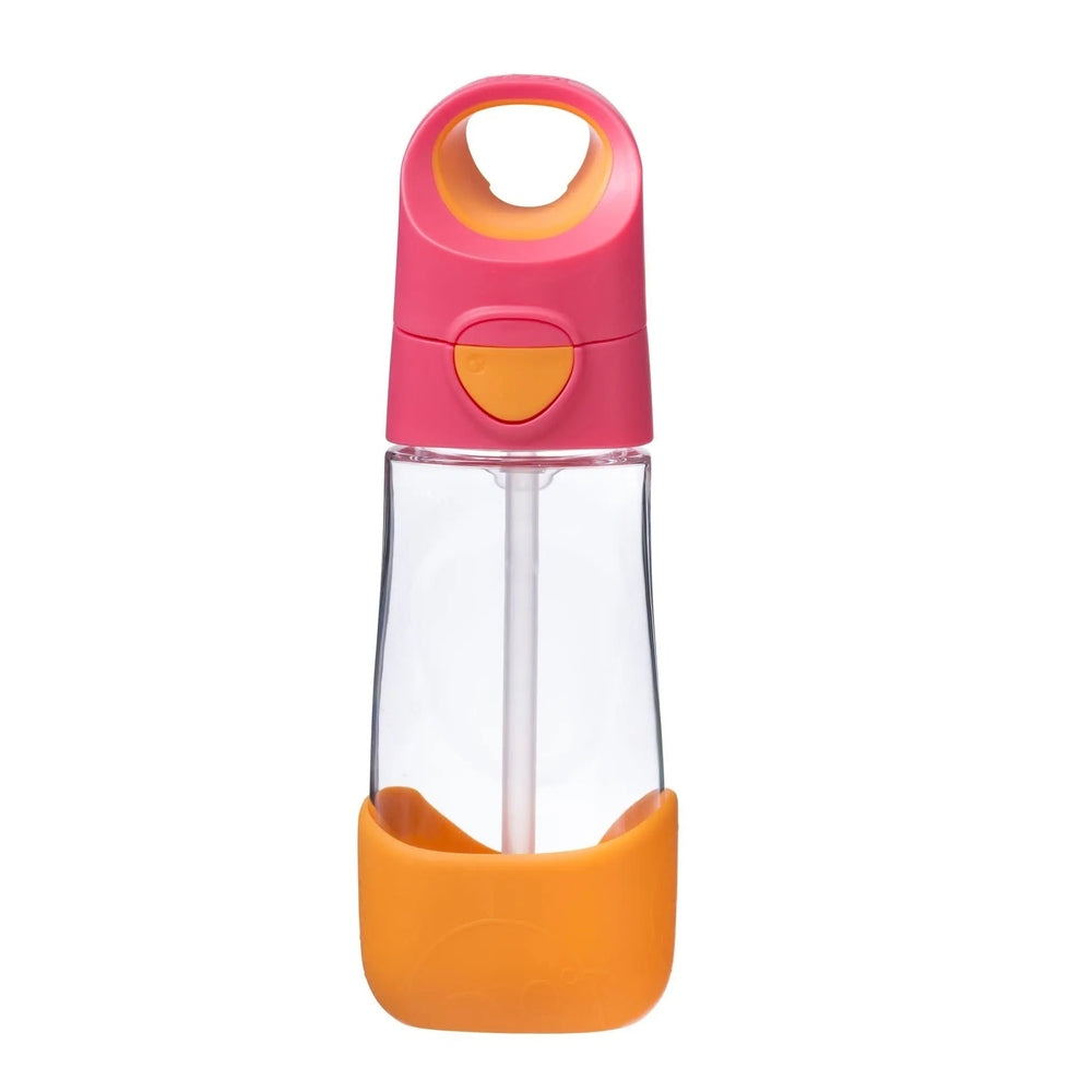 B.Box Tritan Drink Bottle with pink lid and orange base, clear body showing built-in straw for easy sipping.