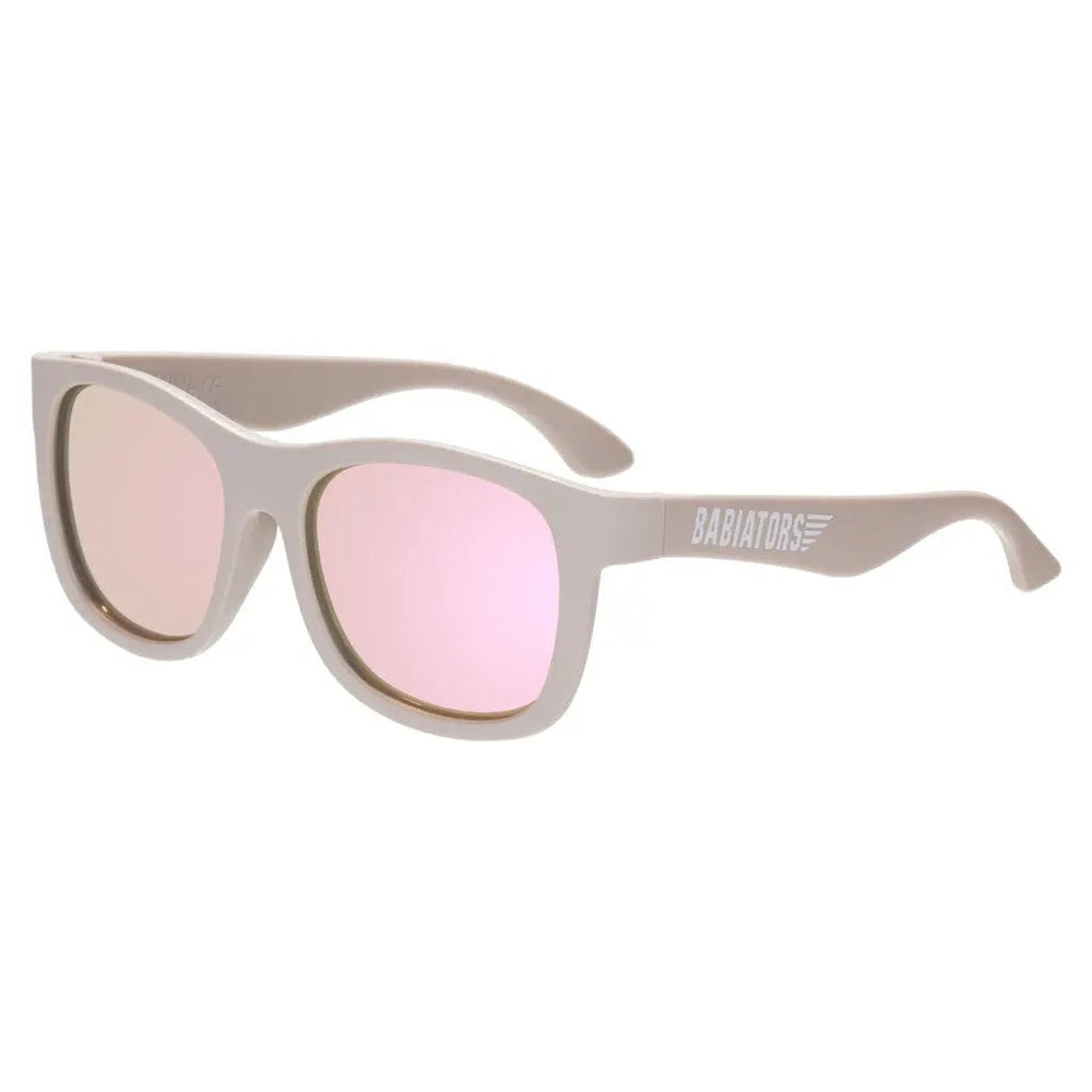 Babiators Blue Series Navigator Polarized Sunglasses Warm Grey with pink mirrored lenses on white background