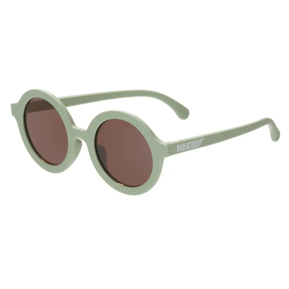 Babiators Euro Round All The Rage Sage sunglasses with brown lenses; sage-green frames with arms extended to show fit.