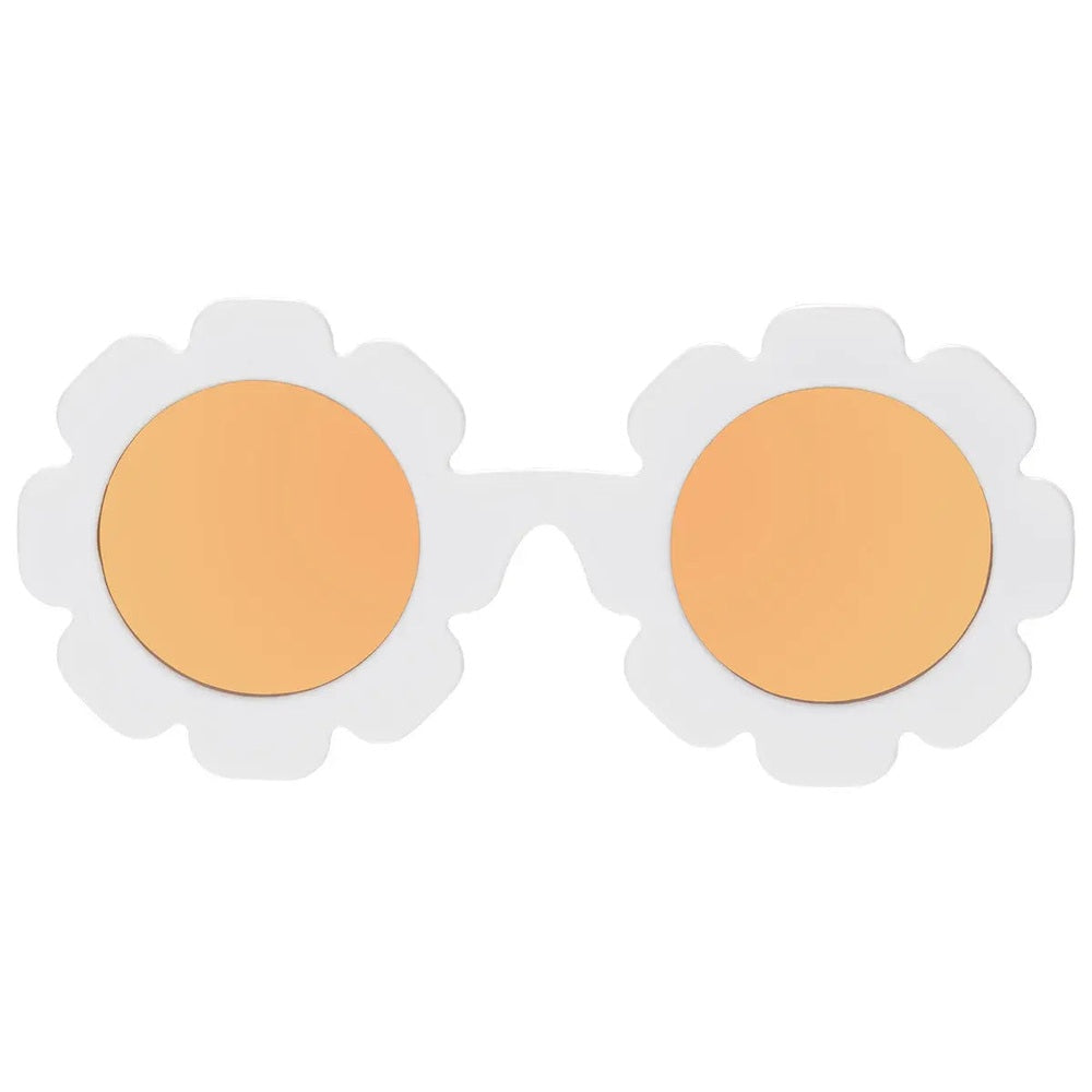 Babiators Flowers Shape Polarized Sunglasses The White Daisy, two white daisy frames with orange lenses laid side by side