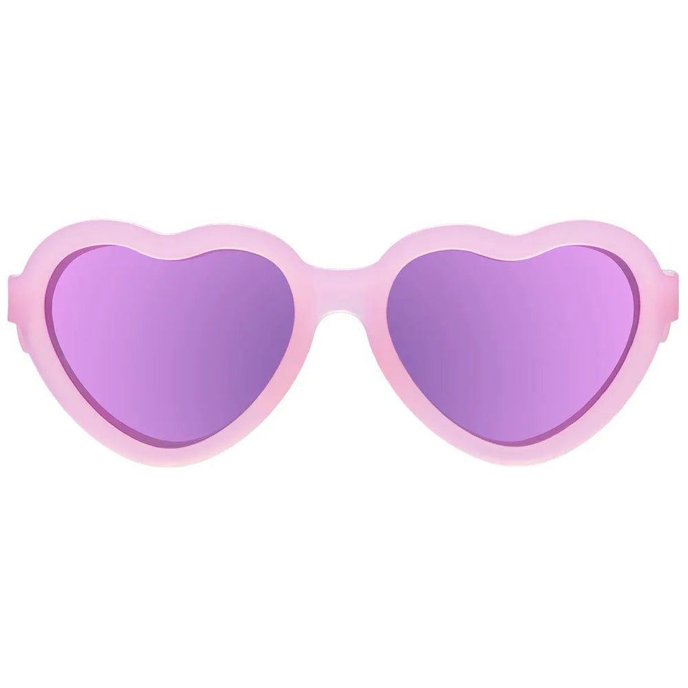 Babiators Heart Shape Polarized Sunglasses Pink with purple lenses shown on white background.