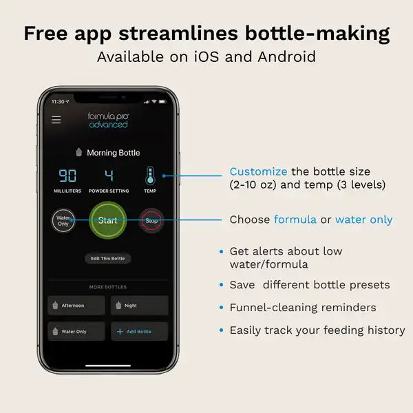 Baby Brezza Formula Pro® Advanced WiFi Baby Formula Dispenser — mobile app feature graphic