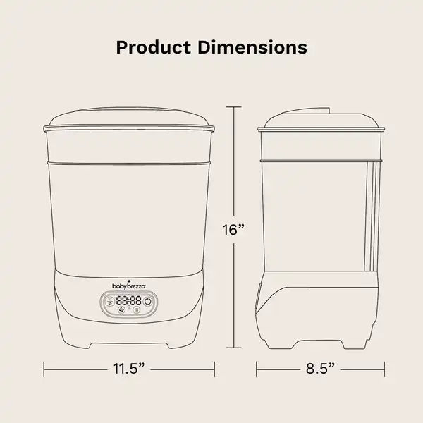 Baby Brezza One Step™ Baby Bottle Sterilizer and Dryer Advanced - Electric steam sterilizer with HEPA Filter — dimensions graphic