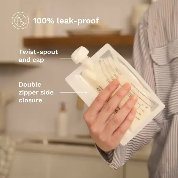 Baby Brezza Reusable Breastmilk Storage Bags with Filling Funnel, 10 pack — in-use lifestyle view