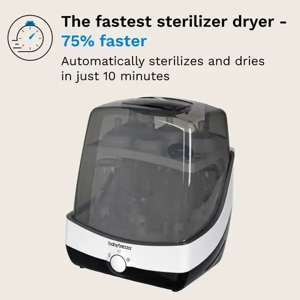 Baby Brezza Superfast® Baby Bottle Sterilizer and Dryer - Sterilizes & Dries in 10 Minutes — timing feature graphic