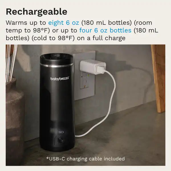 Baby Brezza Superfast® Portable Bottle Warmer - Rechargeable Travel Warmer for Formula and Breastmilk — included components graphic