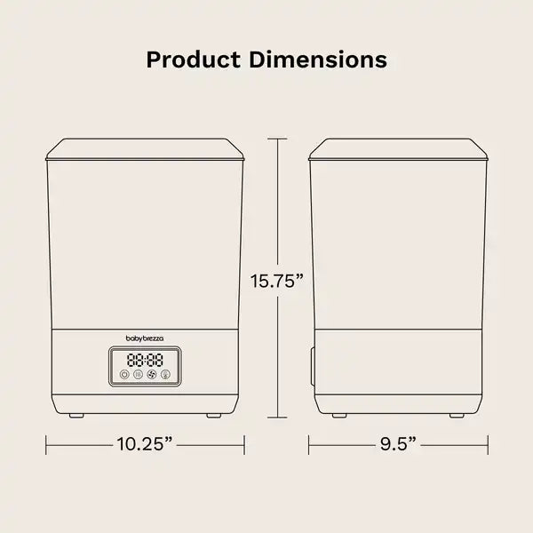 Baby Brezza SuperQuick 10-minute Bottle Sterilizer and Dryer — dimensions graphic