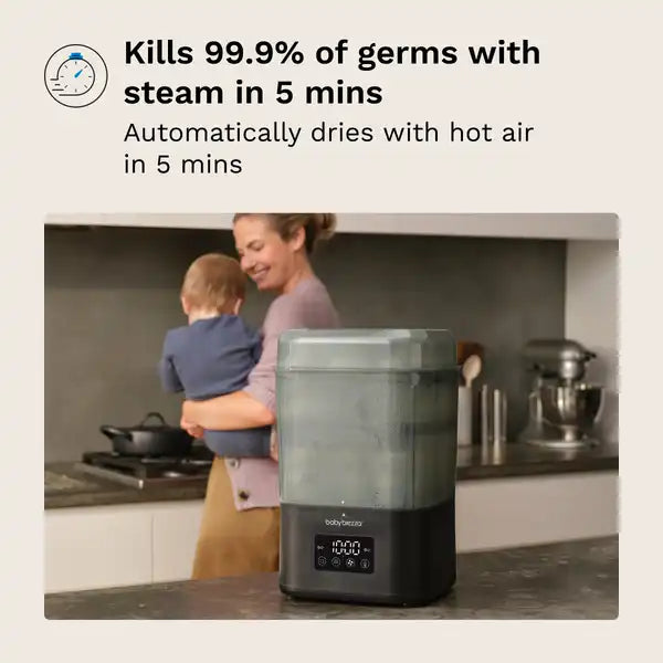 Baby Brezza SuperQuick 10-minute Bottle Sterilizer and Dryer — in-use lifestyle view