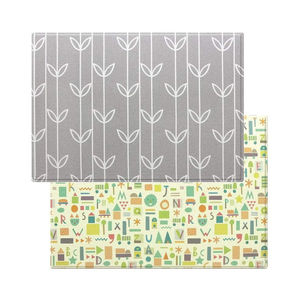 Baby Care Playmat Medium in gray leaf pattern and colorful alphabet print, laid flat for baby play.