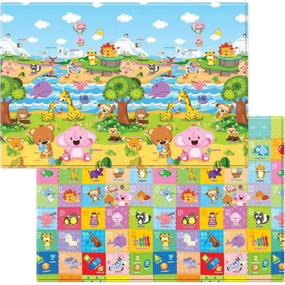 Baby Care Playmat Medium with bright animal meadow scene and colorful alphabet tiles along the edge.