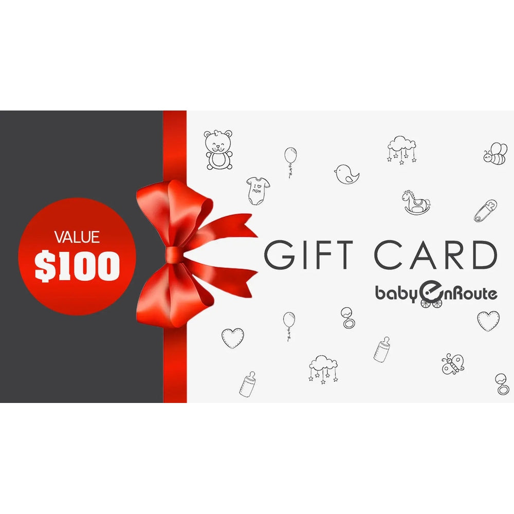 Baby EnRoute Gift Card, $100 value, red ribbon on gray panel against a playful white background