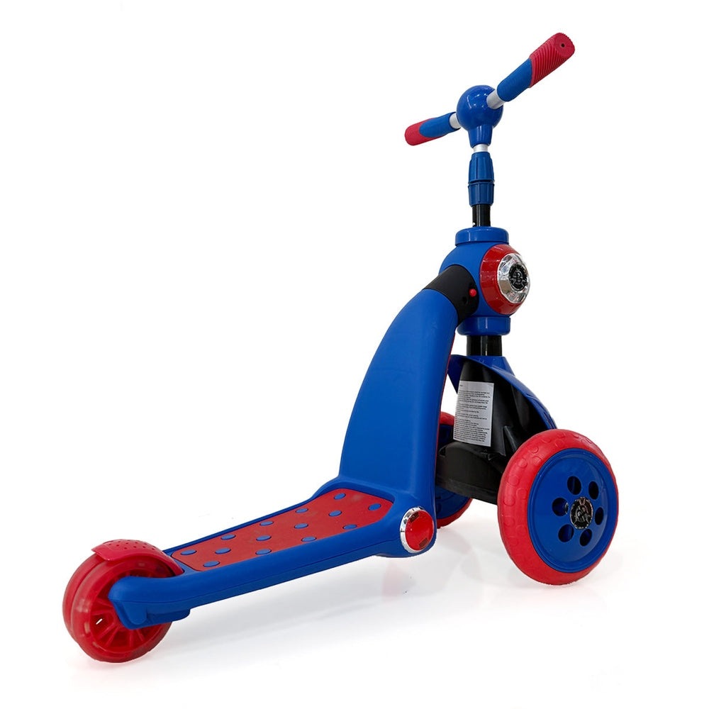 Baby Idol 2-in-1 Ride On Scooter; blue and red plastic push scooter with three wheels for kids