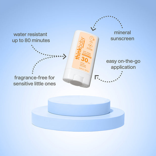 THINK Think Baby Sensitive Skin Sunscreen Stick SPF 30 stick applicator with water resistant and fragrance-free callouts img 3/5