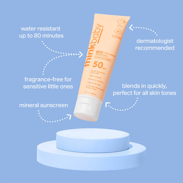 THINK Think Baby SPF 50+ Baby Clear Zinc Sunscreen for Sensitive Skin 3oz tube with flip-top cap and informational benefit callouts img 4/5