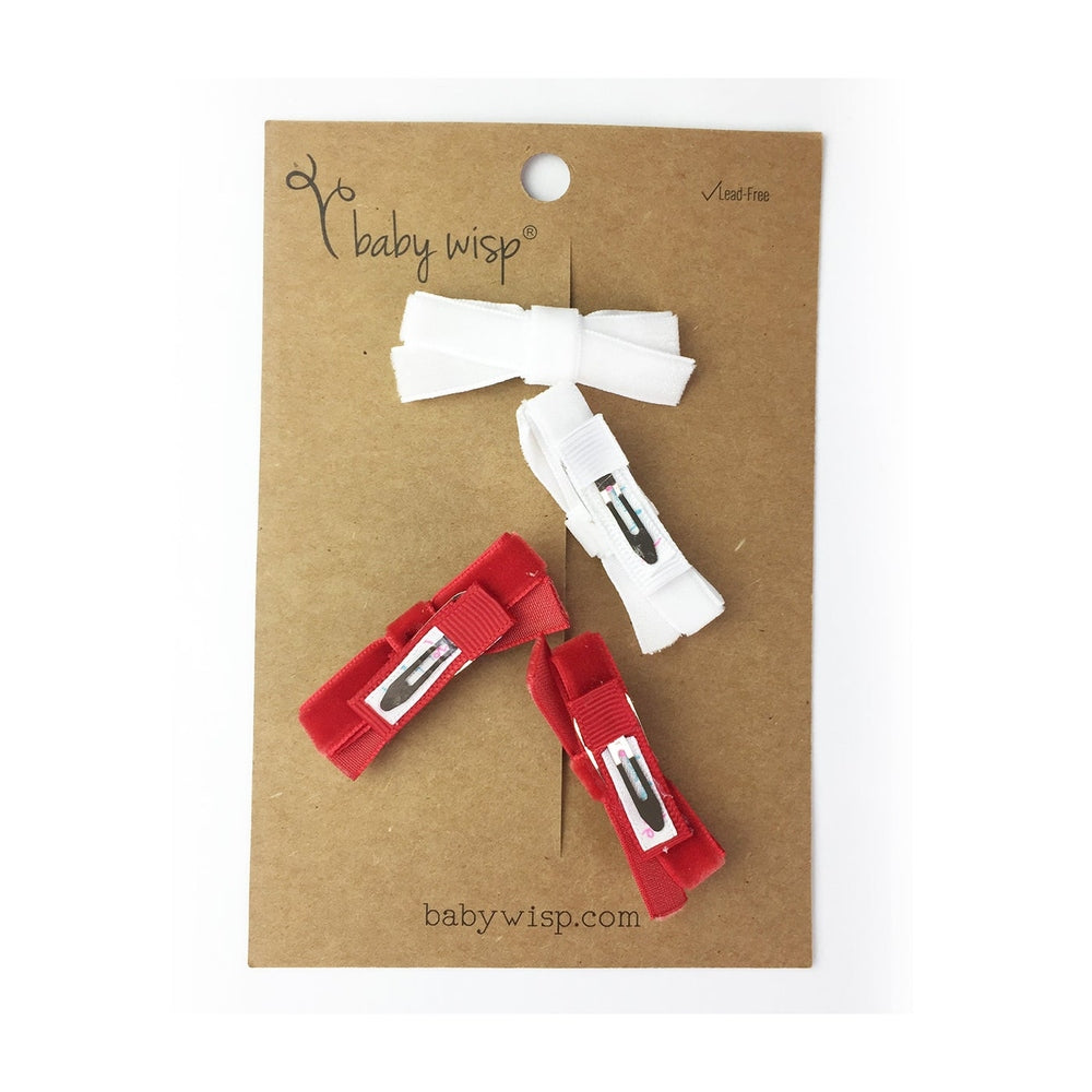 Baby Wisp velvet hand-tied hair bows, 4-pack red and white with clips