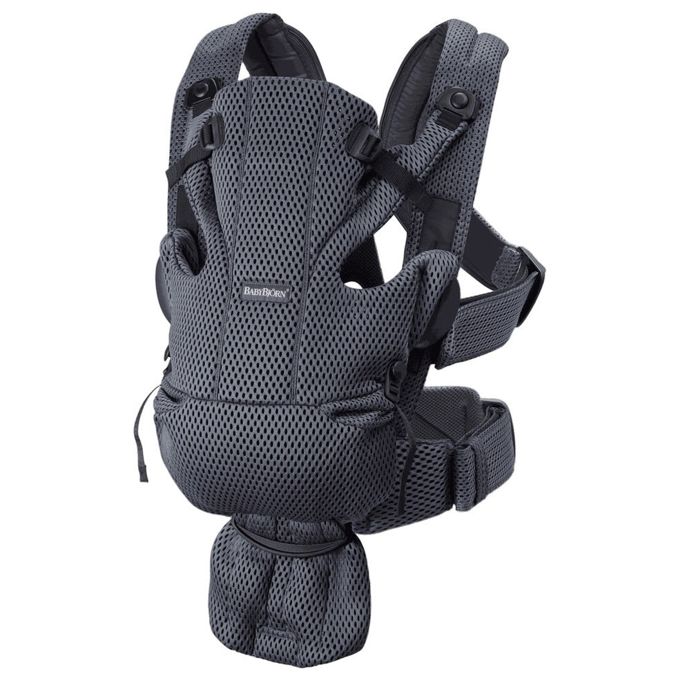 BabyBjorn Baby Carrier Free gray mesh, ergonomic front-carry carrier with padded shoulder straps and waist belt.