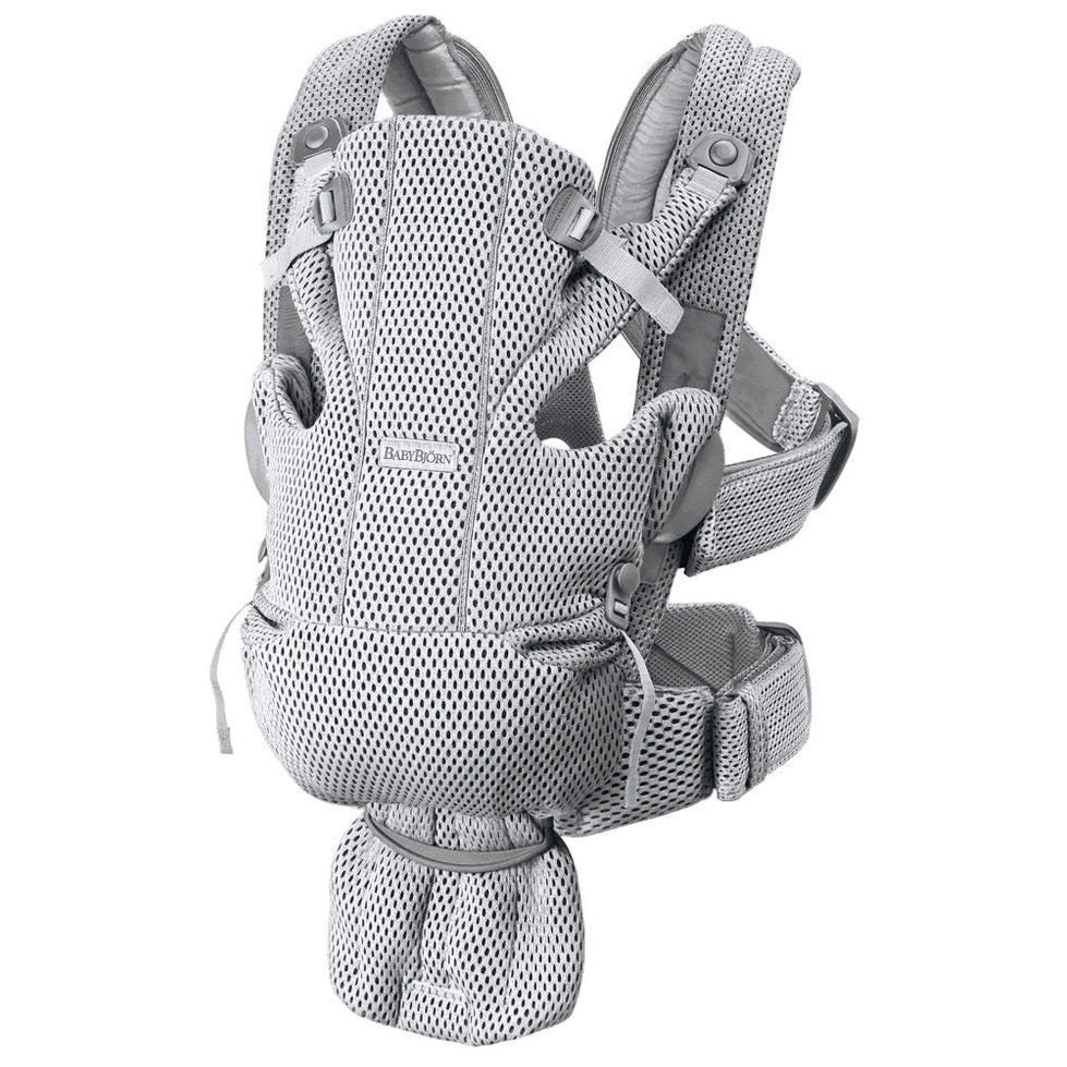 BabyBjorn Baby Carrier Free in gray mesh, worn with padded straps and waist belt for ergonomic, breathable support.