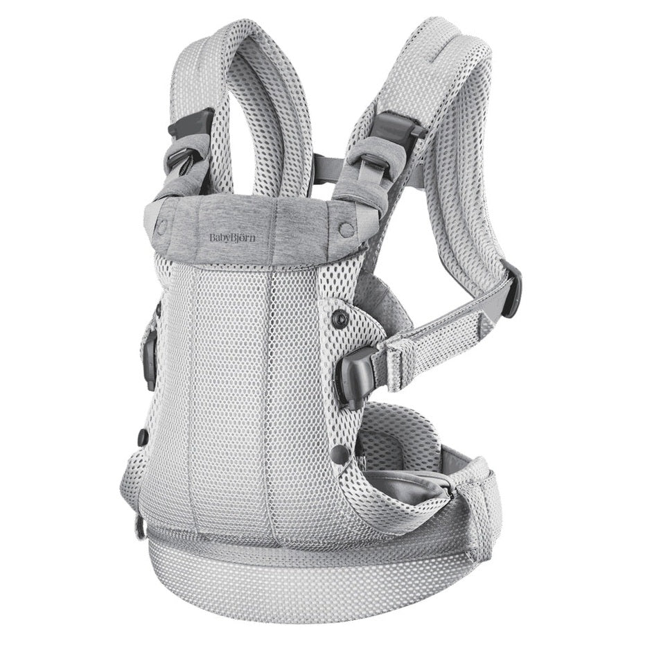 BabyBjorn Harmony baby carrier in gray with padded mesh straps and waist belt, back view.