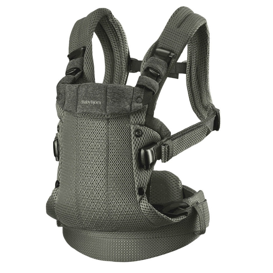 Baby Bjorn Baby Carrier Harmony in gray, worn with padded breathable straps and secure waist belt.