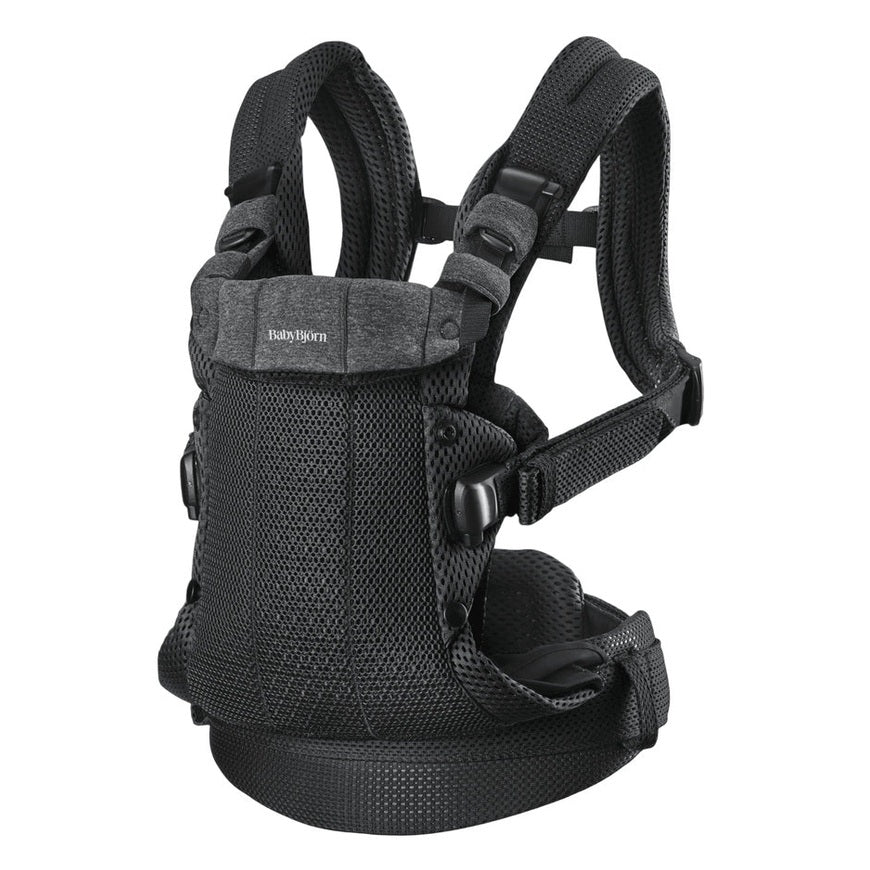BabyBjorn Harmony baby carrier in black with padded mesh straps and waist belt, ready for front-carry.