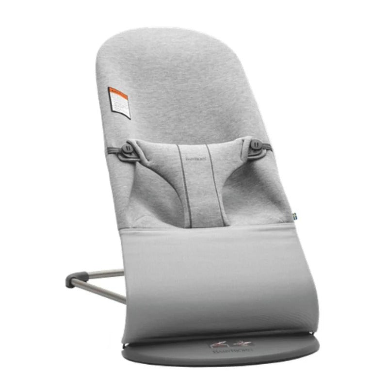 BABY BJORN BabyBjorn Bouncer Bliss in gray with 5-point harness, curved stand, sturdy base.
