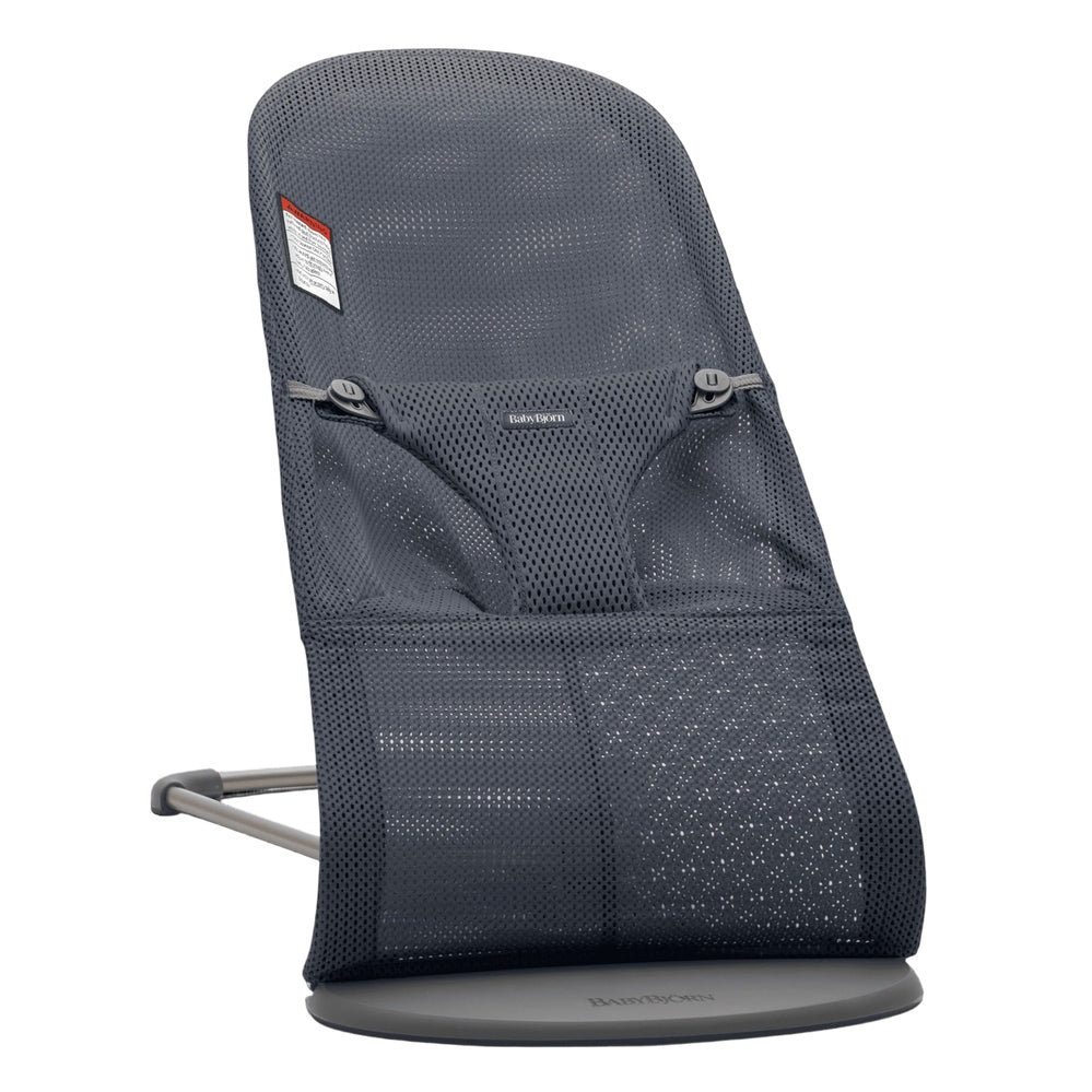 BabyBjorn Bouncer Bliss in dark gray mesh, breathable perforated seat, sturdy base with safety straps.