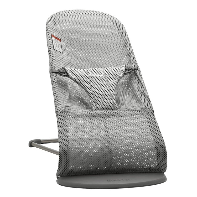 BabyBjorn Bouncer Bliss baby bouncer with gray breathable mesh seat and supportive harness on a curved stand.