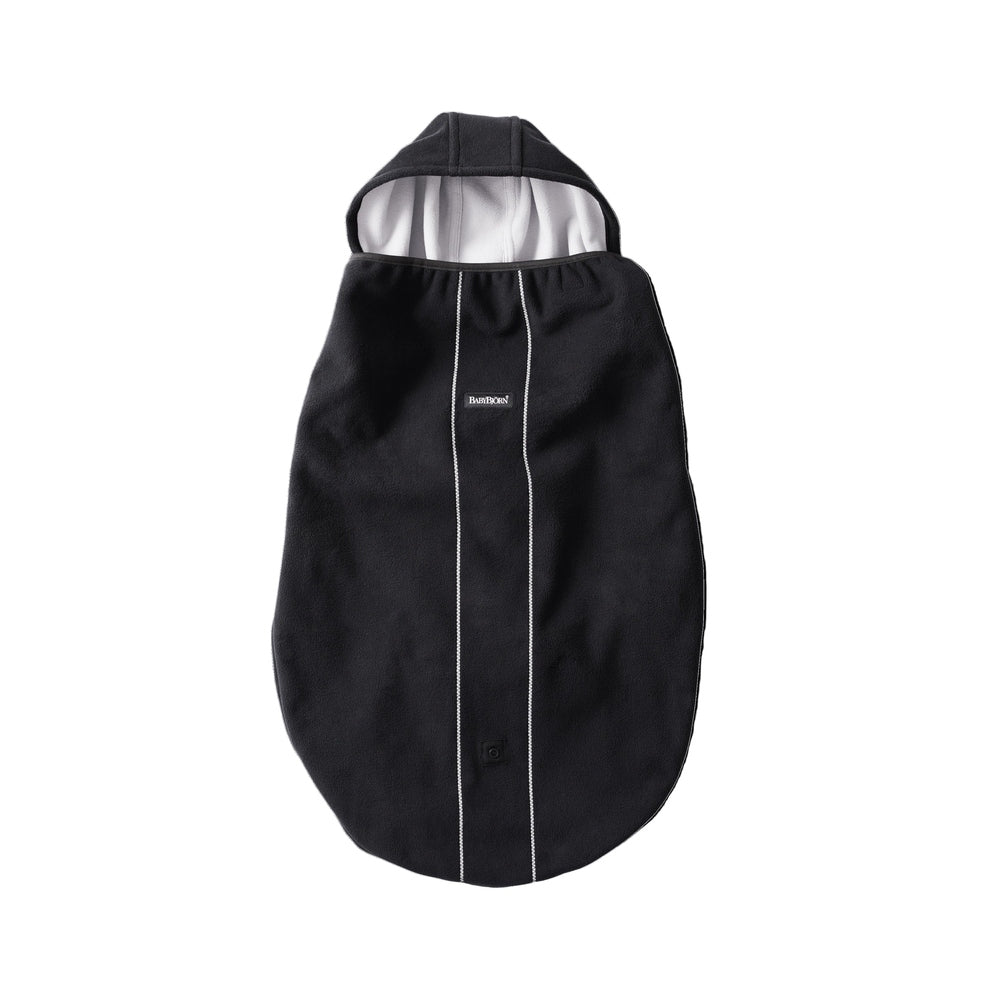 BabyBjorn Cover for Baby Carrier in black with white piping, shown with hood up and soft white lining.