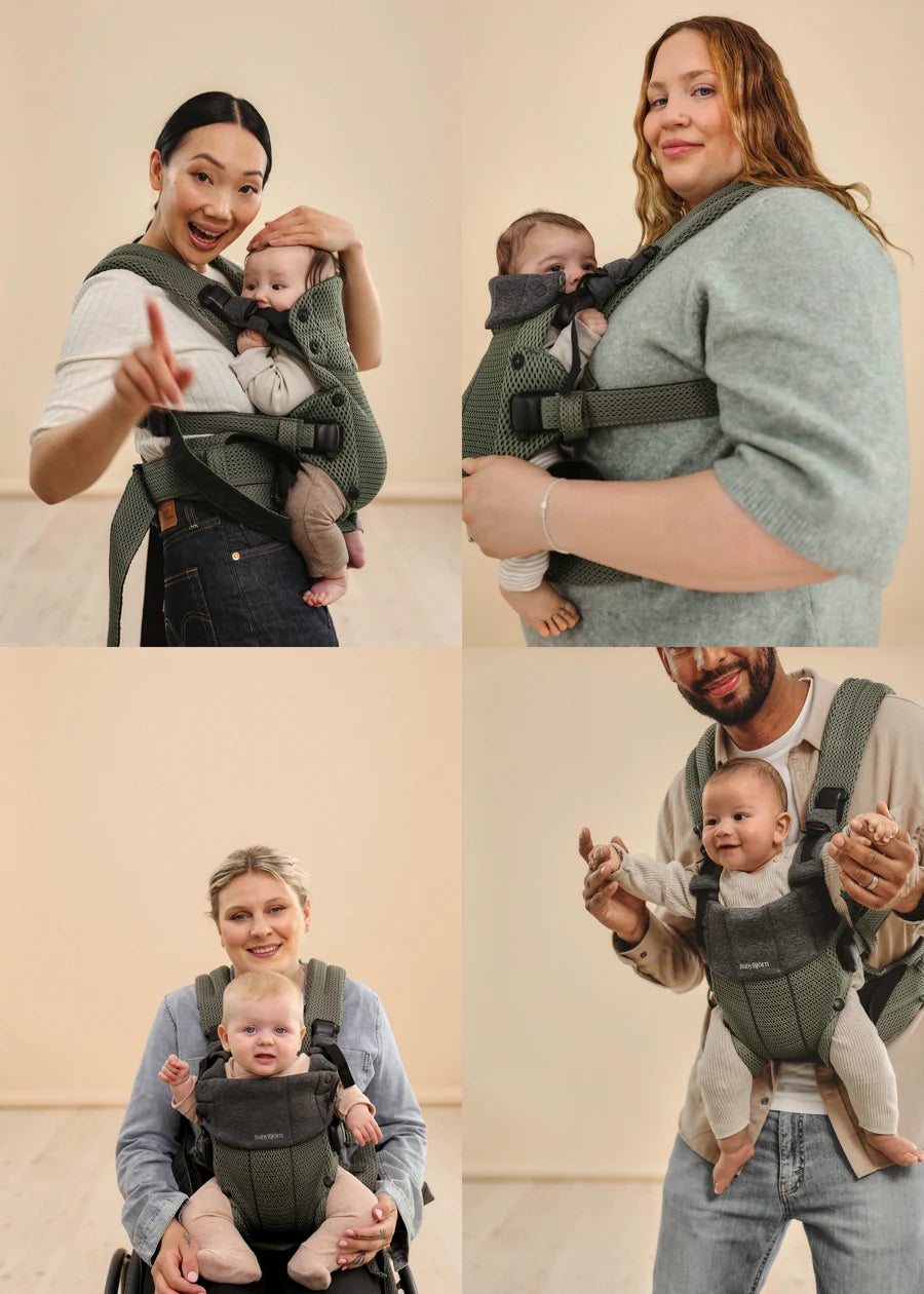BabyBjörn Harmony worn by different adults, adjustable fit from XS to XXL